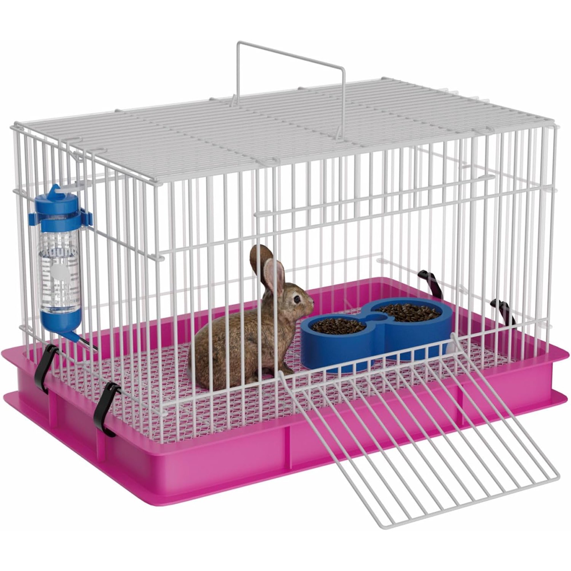 Small Indoor Rabbit Cage, Small Animal Enclosure with Water Bottle, Food Bowl and Mat, Heightened Base Easy‑to‑Clean Habitat for Bunny, Hamster, Ferret, Rat, Chinchilla, Hedgehog,