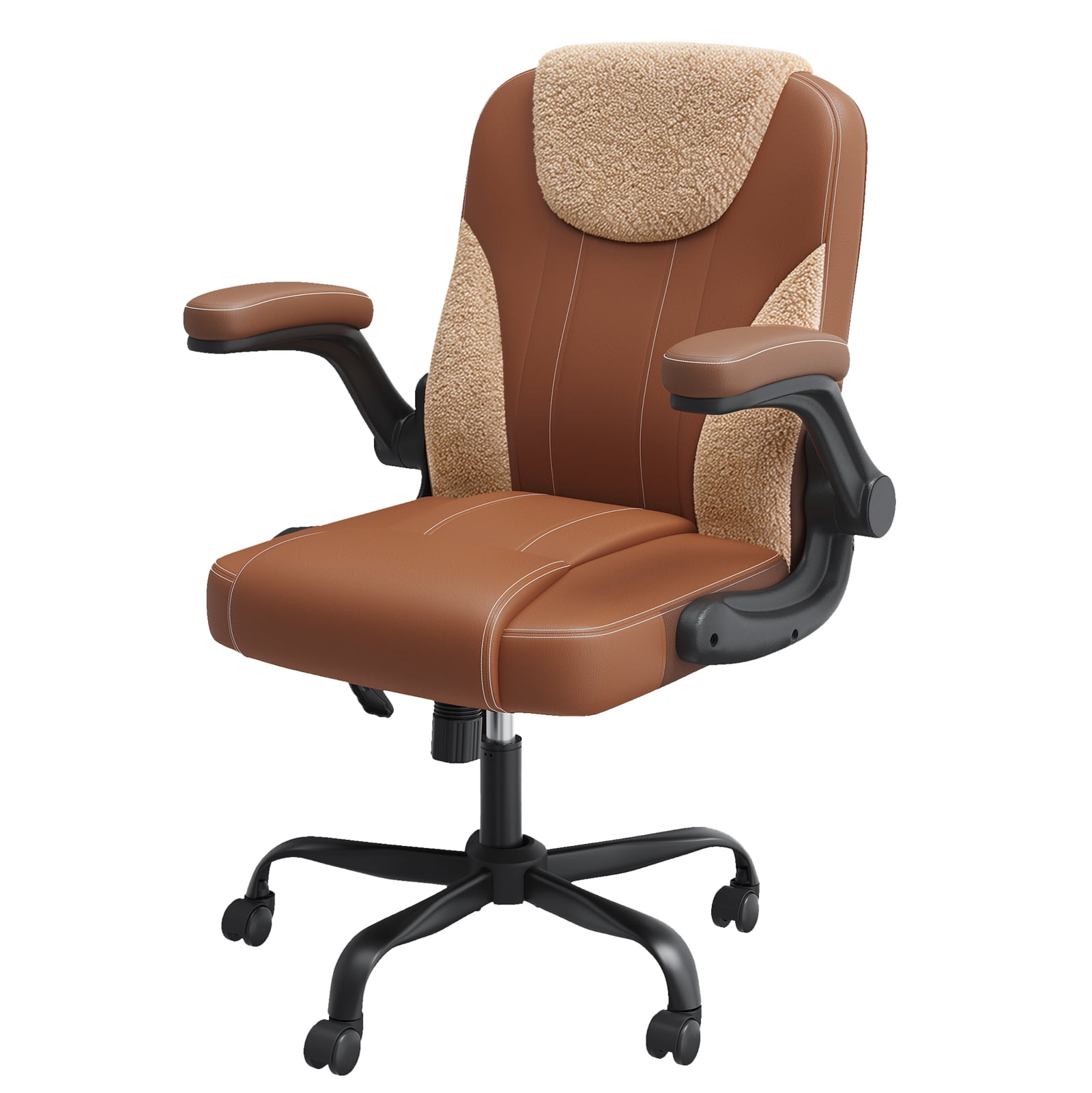 Pinmoco Ergonomic PU Leather Office Chair, High Back Executive Computer Desk Chair with Double-Layer Cushion, Swivel Gaming Chair with Wheels and Flip-Up Armrests, Brown