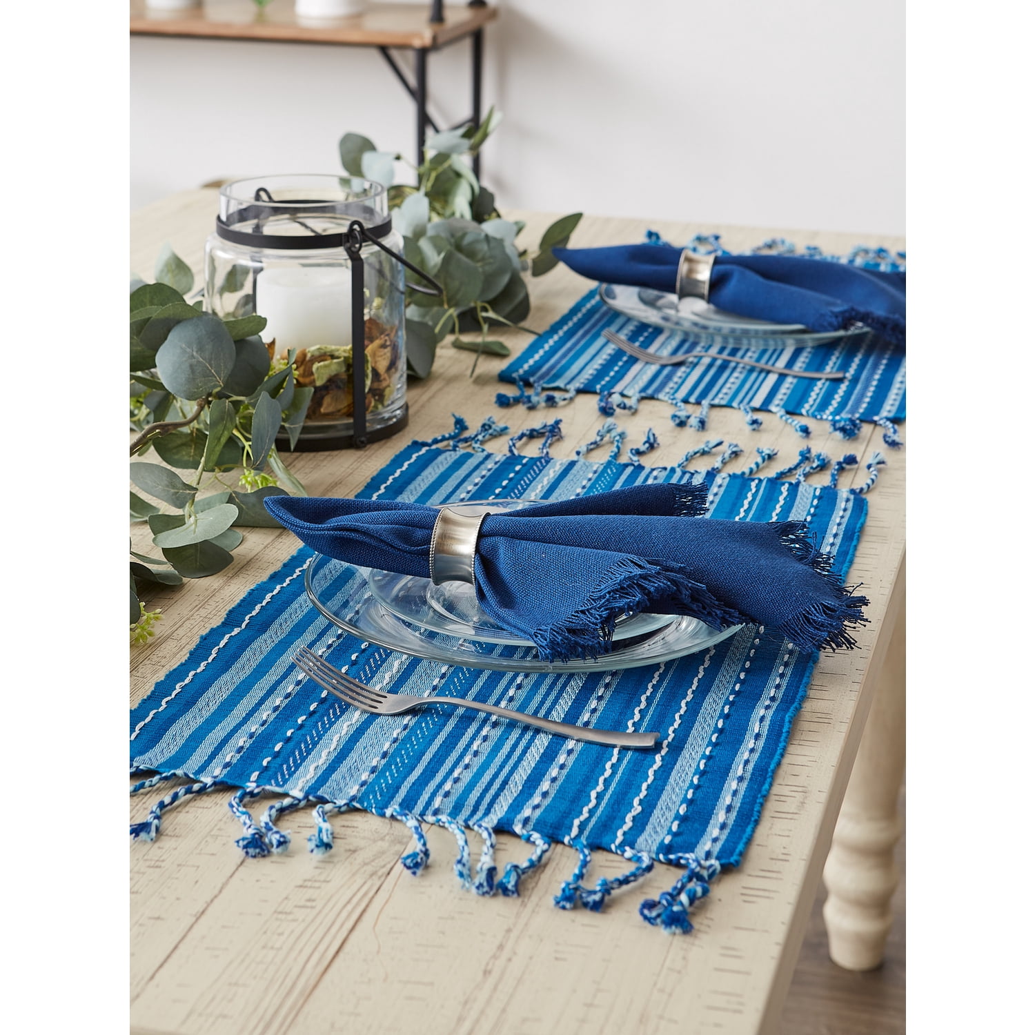 Blue Tonal Stripe With Fringe Placemat (Set of 6)