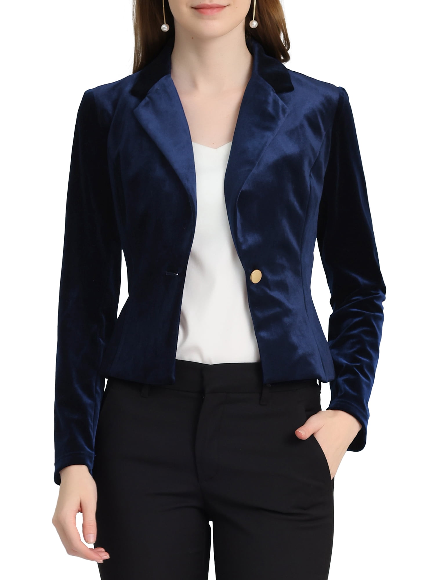 Unique Bargains Women's Button Front Velvet Blazer Lapel Office Crop