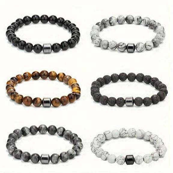6pcs/set Red Iron Tiger Eye White Pine Natural Stone Beads Bracelet, Suitable for Men and Women,Silver