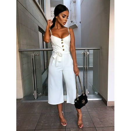 Womens Jumpsuits for Work, Sleeveless Wide Leg Strappy Holiday Playsuit Dress Long Beach Jumpsuit for Lady, White V Neck Solid Loose Jumpsuits Romper for Juniors. S-XXL