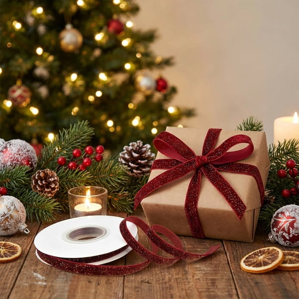 Cinta de Terciopelo Burdeos de 5 Yardas con Purpurina Satinada Flocada de 1 a 4 Cm de Ancho, Ideal para Envolver Regalos Navideños, Hacer Moños, Decorar Fiestas y Manualidades.