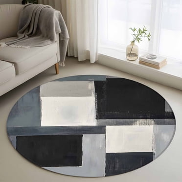 Round Rugs 4Ft, Black Grey Round Area Rug Washable Indoor Throw Carpet ...