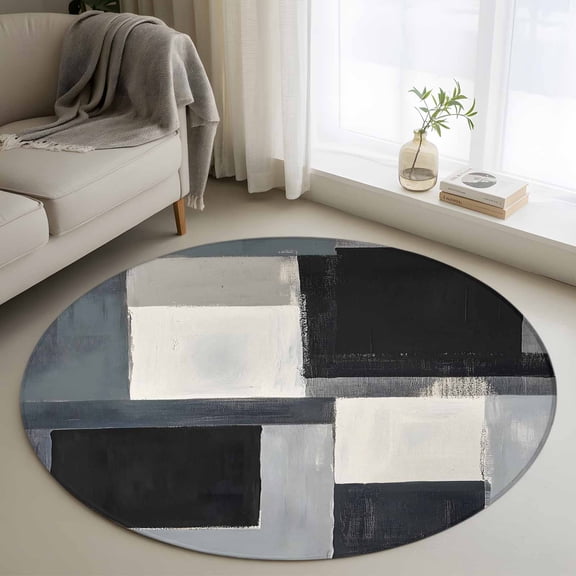 Round Rugs 4Ft, Black Grey Round Area Rug Washable Indoor Throw Carpet, Modern Abstract Art Geometric Soft Non Slip Circle Rug for Kitchen Nursery Room Home Decor Aesthetic