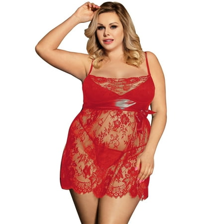 

ohyeahlady Womens Plus Size Babydoll Chemise Sheer Eyelashes Lace Sleepwear Nightie Sexy Lingerie Mesh Pajamas with Thong
