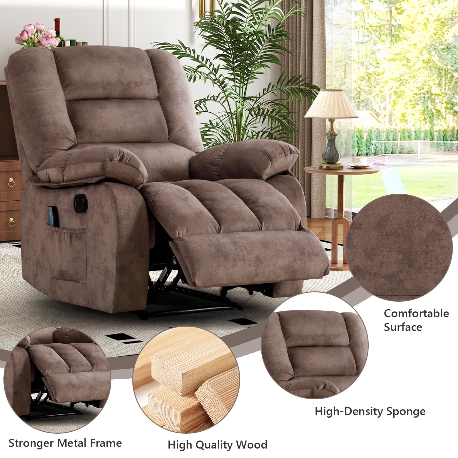 Ebello 36'' Massage Recliner Chair with Heat and Vibration – Soft Fabric Manual Reclining Chair for Living Room and Bedroom – Camel