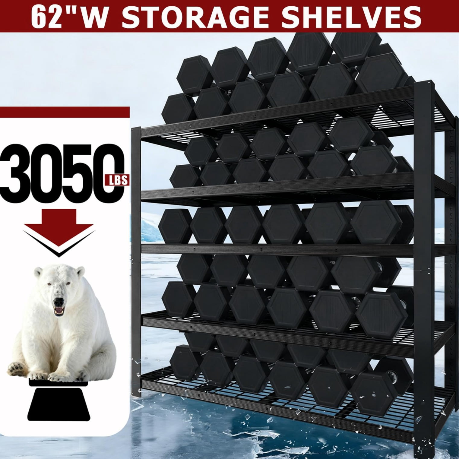 Industrial 5-Tier Extra Wide Metal Storage Shelving Unit, 3050 lbs Capacity Heavy Duty Rack, 72"H x 62"W x 24"D
