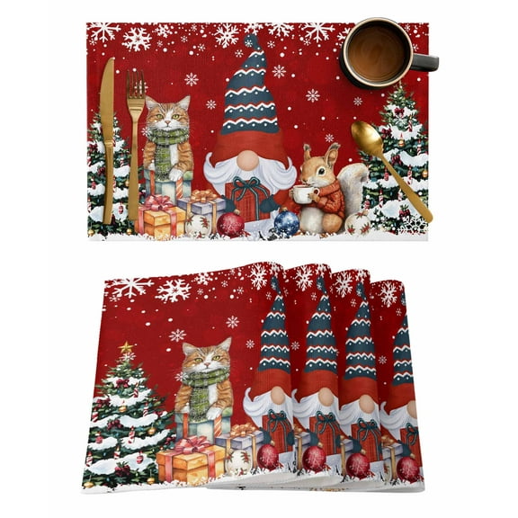 Christmas Gnome Placemats Set of 4 Squirrel Cat Xmas Tree Snowflake Red Heat Insulation Washable Place Mats, Rustic Non-Slip Table Mats for Dining Table Party Kitchen Decor,13x19 Inch