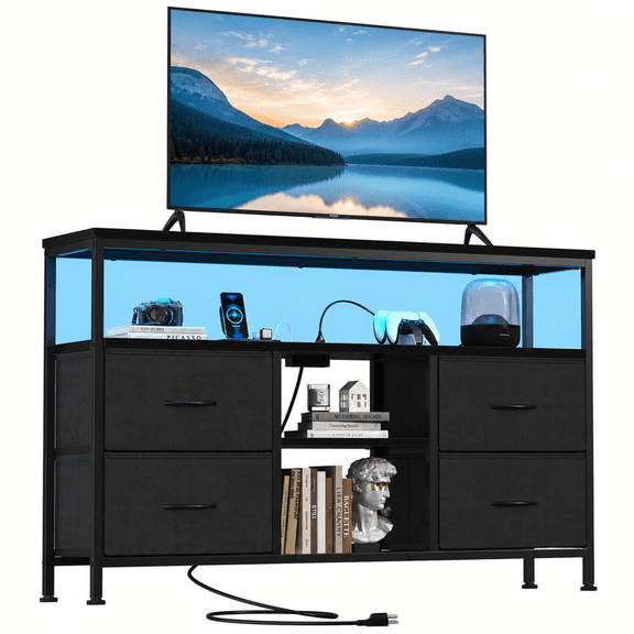 ACCVER Dresser for Bedroom TV Stand with Storage Entertainment Center Dresser with 4 Fabric Drawers with Open Storage Shelf for Bedroom Living Room Hallway, Black