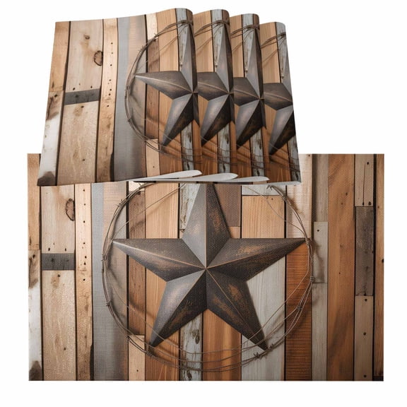 Country Star Brown Placemats for Dinning Table Set of 4, Western Texas Vintage Farmhouse Wooden Burlap Kitchen Place Mats Waterproof Cloth Table Mats, Indoor Outdoor Placemats Easy Clean Dinner Decor