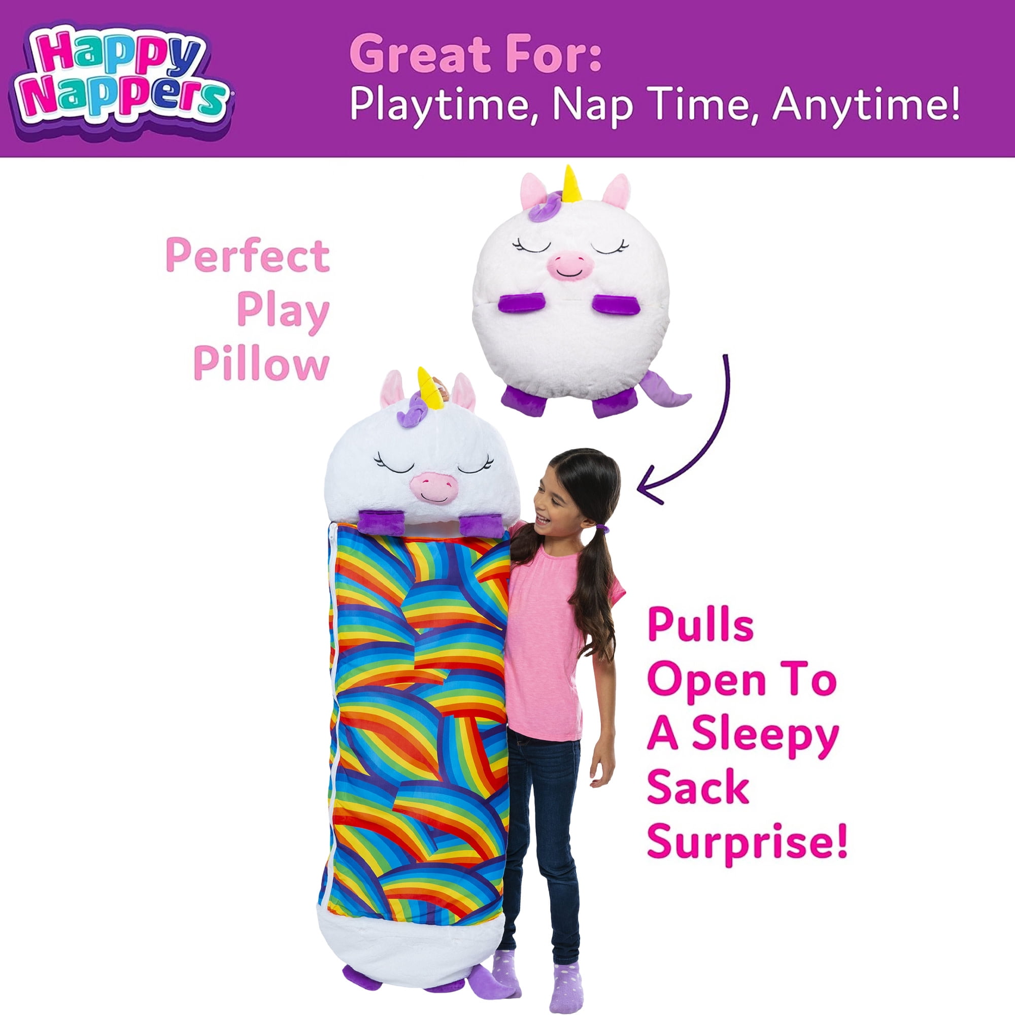 Happy Nappers: Pillow & Sleepy Sack: Large - White Unicorn - 66 x 30", 2-In-1: Plush Animal Opens To Sleeping Bag, Soft Play & Nap Character, Kids 7+