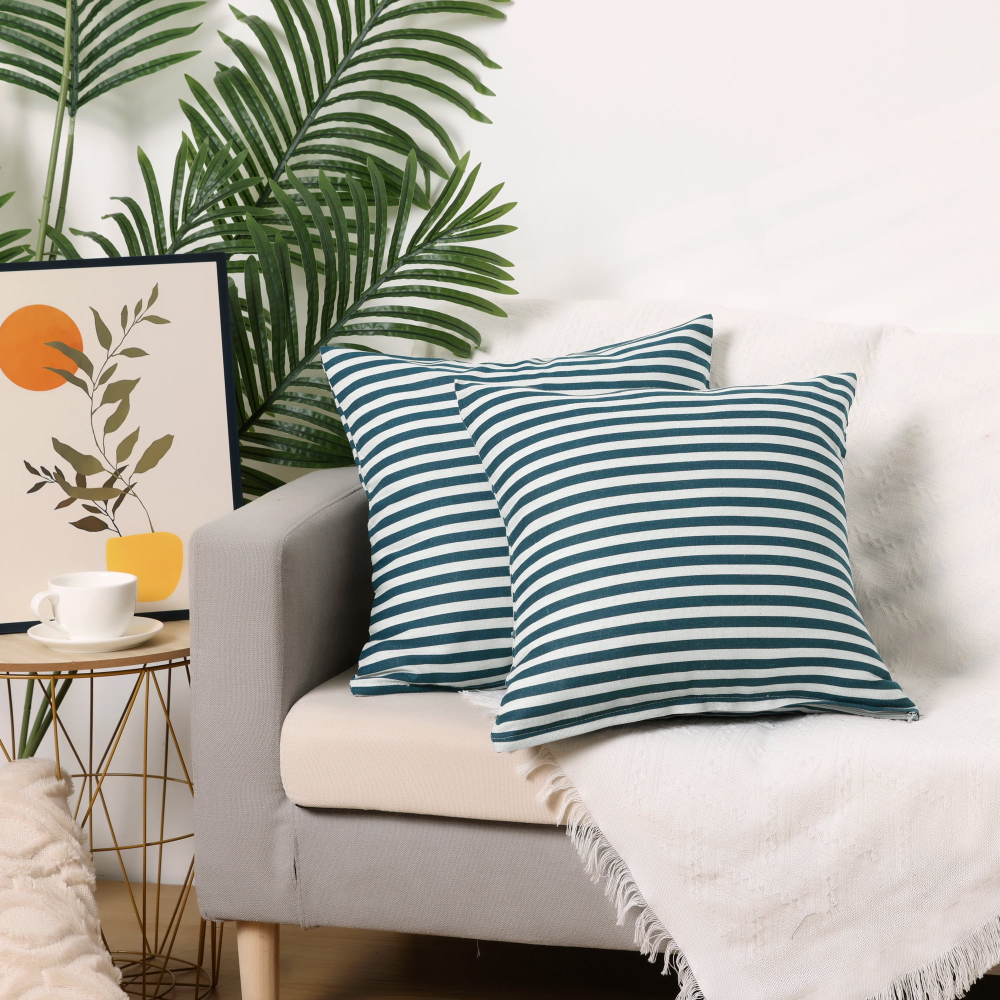 Unique Bargains Striped Throw Pillow Covers Linen Decorative Cushion Cases Blue 18" x 18"