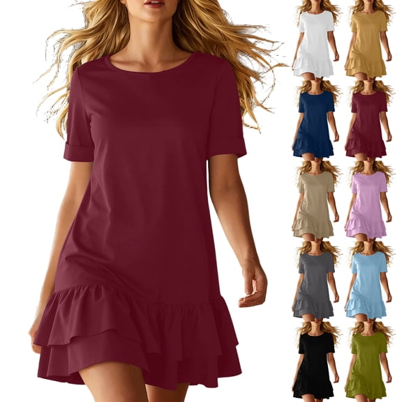 Women's Casual Short Sleeve T-Shirt Dress, Round Neck Loose Fit Solid Color with Ruffle Hem, Lightweight Summer Mini Dress for Vacation & Daily Wear