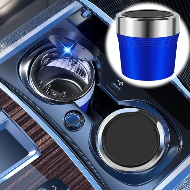 Car Ashtray with LED Light - One-Click Open Lid Heat & Flame Retardant Metal Liner Built-In Cigarette Extinguisher Easy-Clean Design 1 Pack
