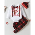 thumbnail image 2 of Bagilaanoe 3pcs Newborn Baby Boys Christmas Clothing Sets Letter Long Sleeve Romper Tops + Plaid Pants + Hat 3M 6M 9M 12M Infant Fall Gentleman Outfits, 2 of 8