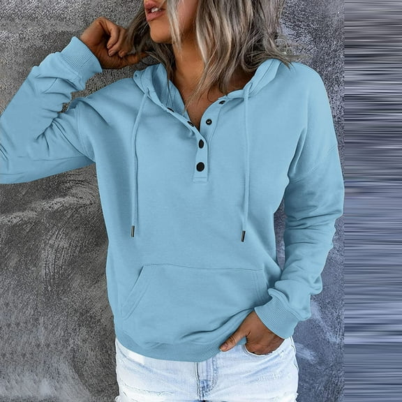 Dyfzdhu Button Hoodies for Women Soild Color Hooded Long Sleeve Casual Sweatshirt Pullover With Pocket Blue