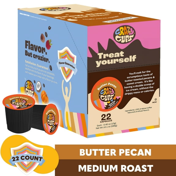 Crazy Cups Butter Pecan Coffee Pods, Medium Roast, 22 Count For Keurig K Cup Machines