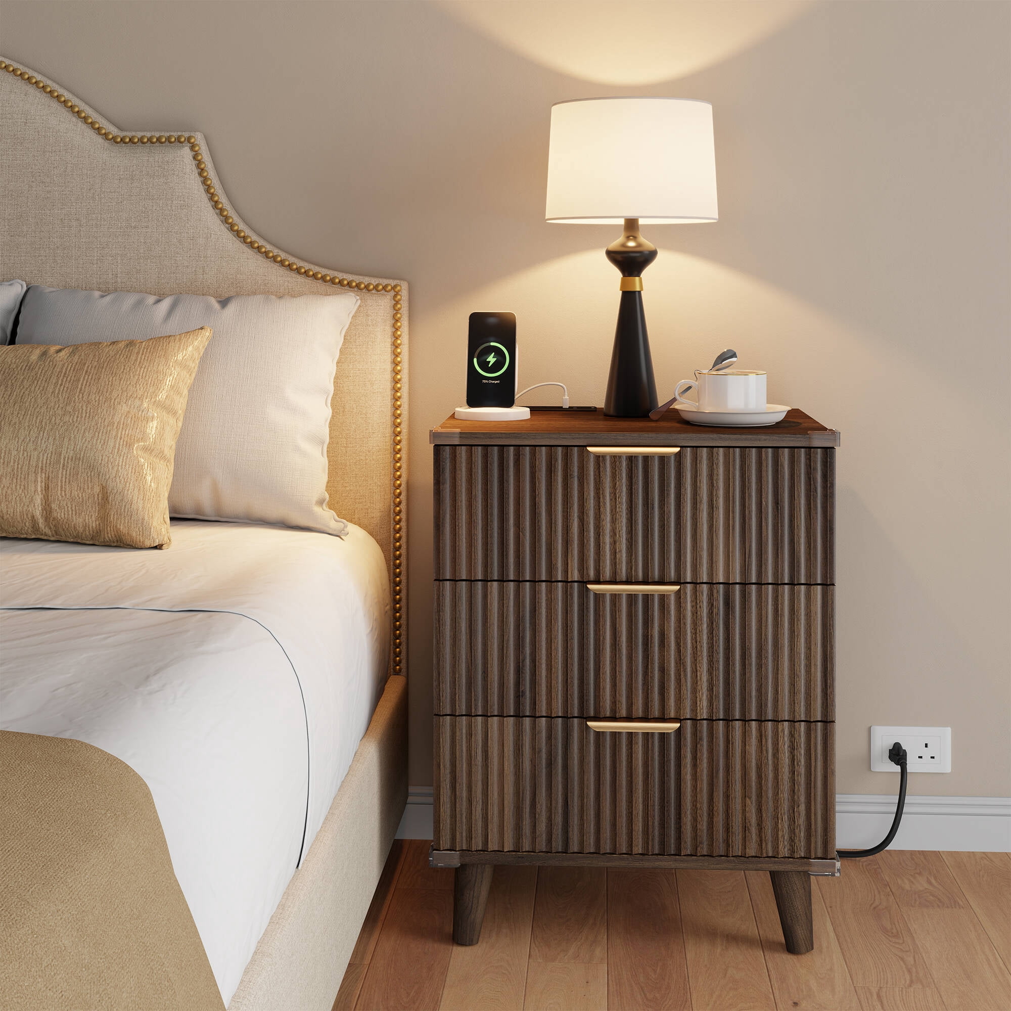 GIKPAL Night Stands for Bedroom Set of 2, Modern Bedside Table with 3 Drawers & Charging Station,Fluted Panel End Tables for Bedroom & Living Room, Walnut
