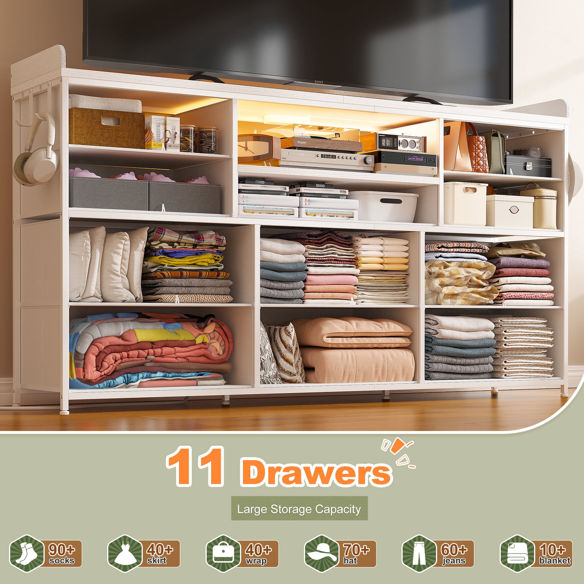 Dresser for Bedroom with 11 Drawers for 60" TV Stand with LED Lights & Charging Station Wide Dresser with Shelves & 4 Hooks Sturdy Metal Frame & Fabric & Wood Top ,White