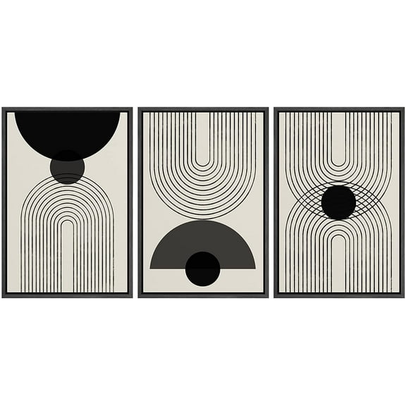 PixonSign Framed Canvas Print Wall Art Black Semi-Circle an Line Parabola Abstract Shapes Illustrations Modern Art Minimalist Edgy Black and White for Living Room - 24"x36"x3 BLACK
