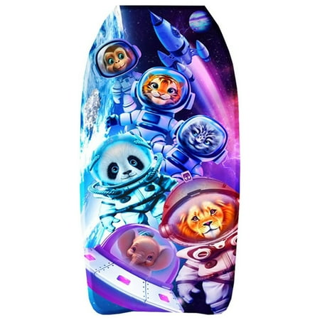 PMU 33 Inch Space Animals Printed Bodyboard - Lightweight Wrist Leash Slick Bottom Boogie Board for Beach Sea & Pool - Surfing Board for Kids Teens & Adults Wave Conditions Pkg/1