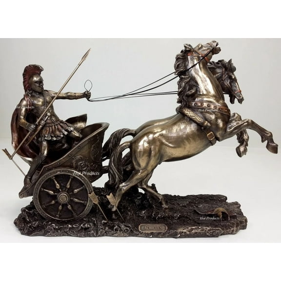 14" Achilles in Roman Gladiator Chariot Sculpture Statue Bronze Color