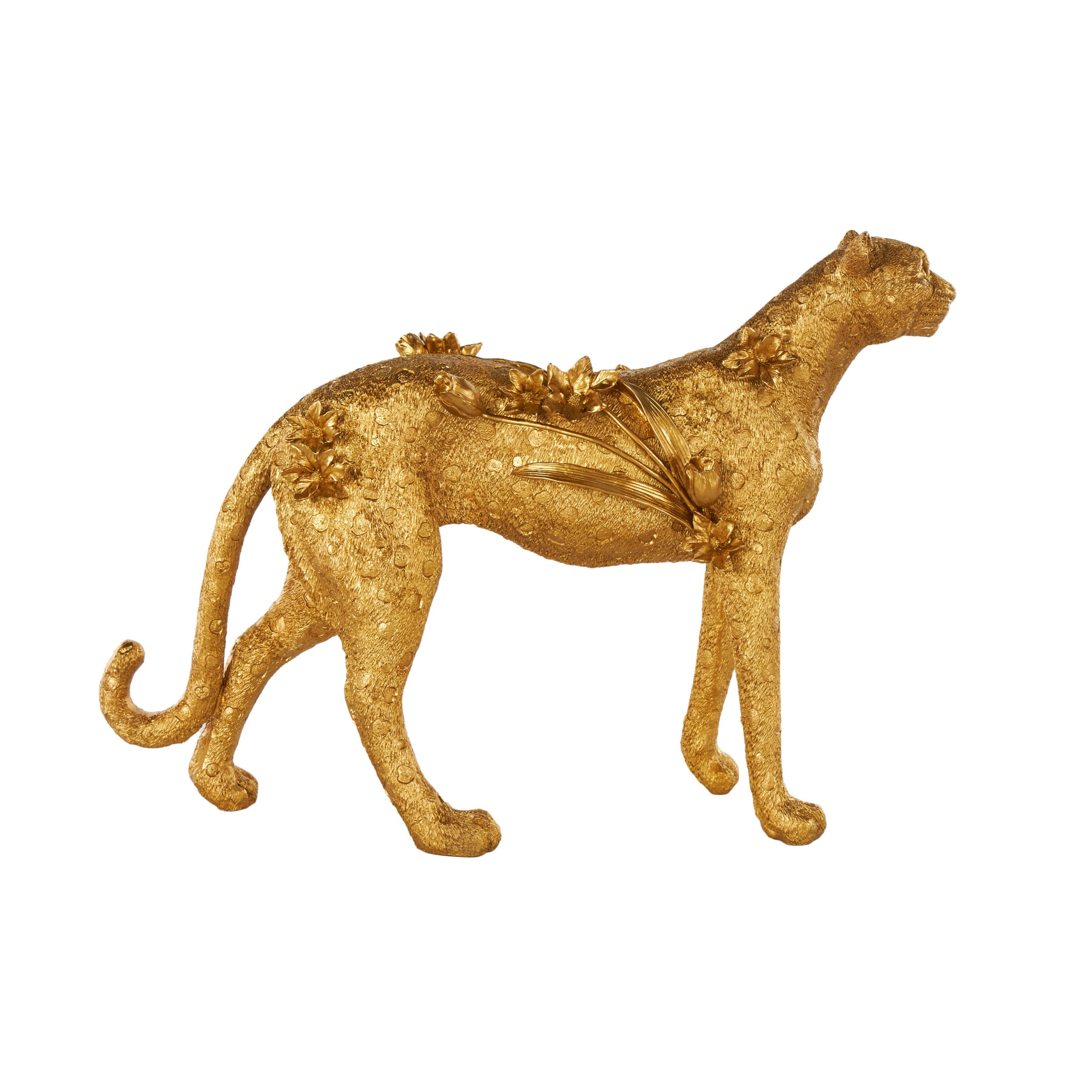 25" x 17" Gold Resin Standing Leopard Sculpture with Textured Spots and Floral Accents, by DecMode