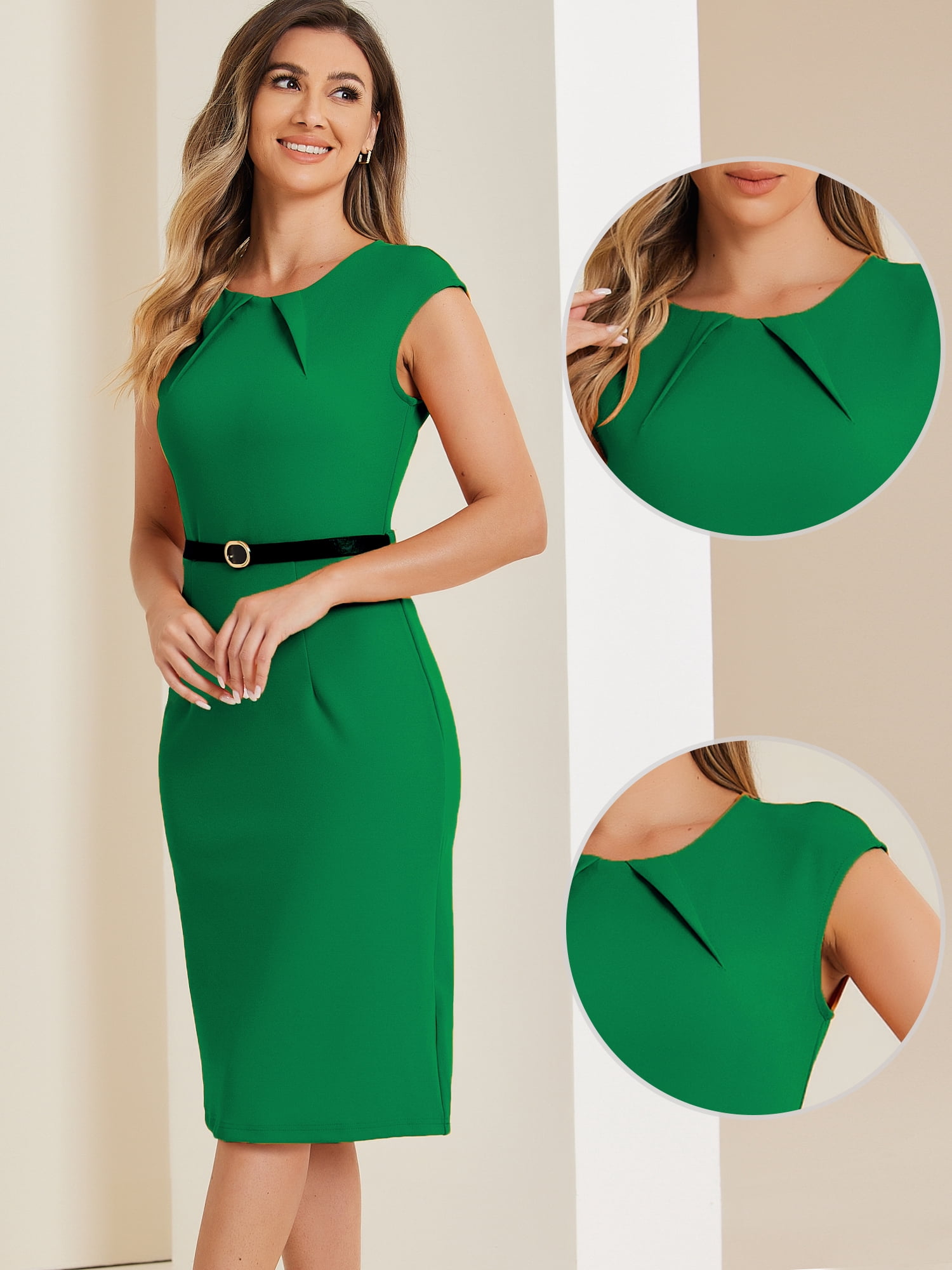 DARING DIVA Elegant Round Neck Cap Sleeve Belted Work Sheath Dresses L Green