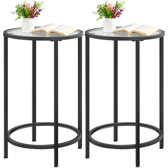 Alden Design Round Metal End Table with Glass Top for Livingroom, Set of 2, Black
