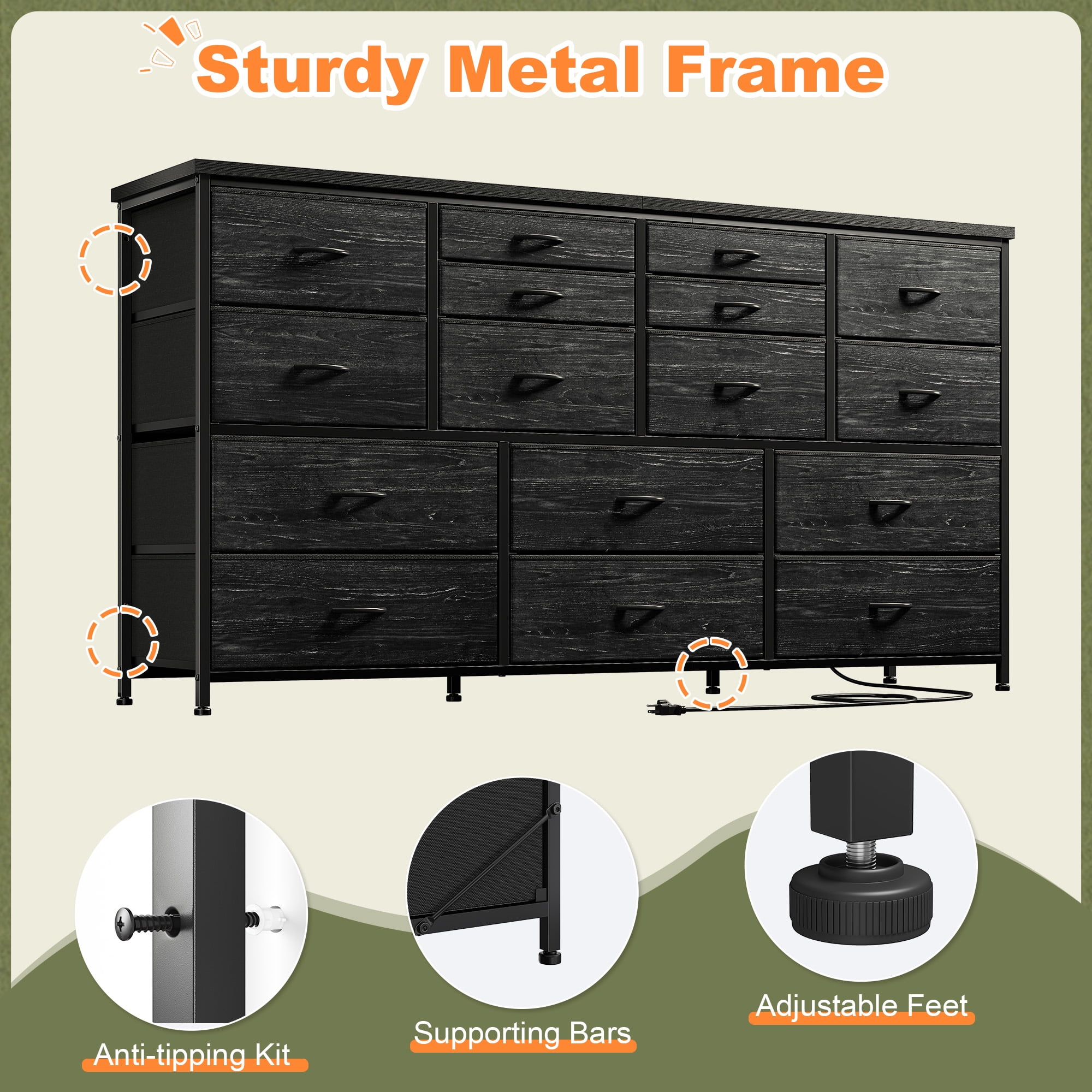 Romorgniz Black Dresser for Bedroom with 16 Drawers for Closet Fabric Dressers & Chests of Drawers TV Stand with Charging Station