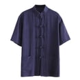 thumbnail image 2 of Men's Linen Blend Tang Style Short Sleeve Shirt Mandarin Collar Frog Button Down, Loose Fit Casual Summer Tops with Pockets, 2 of 6