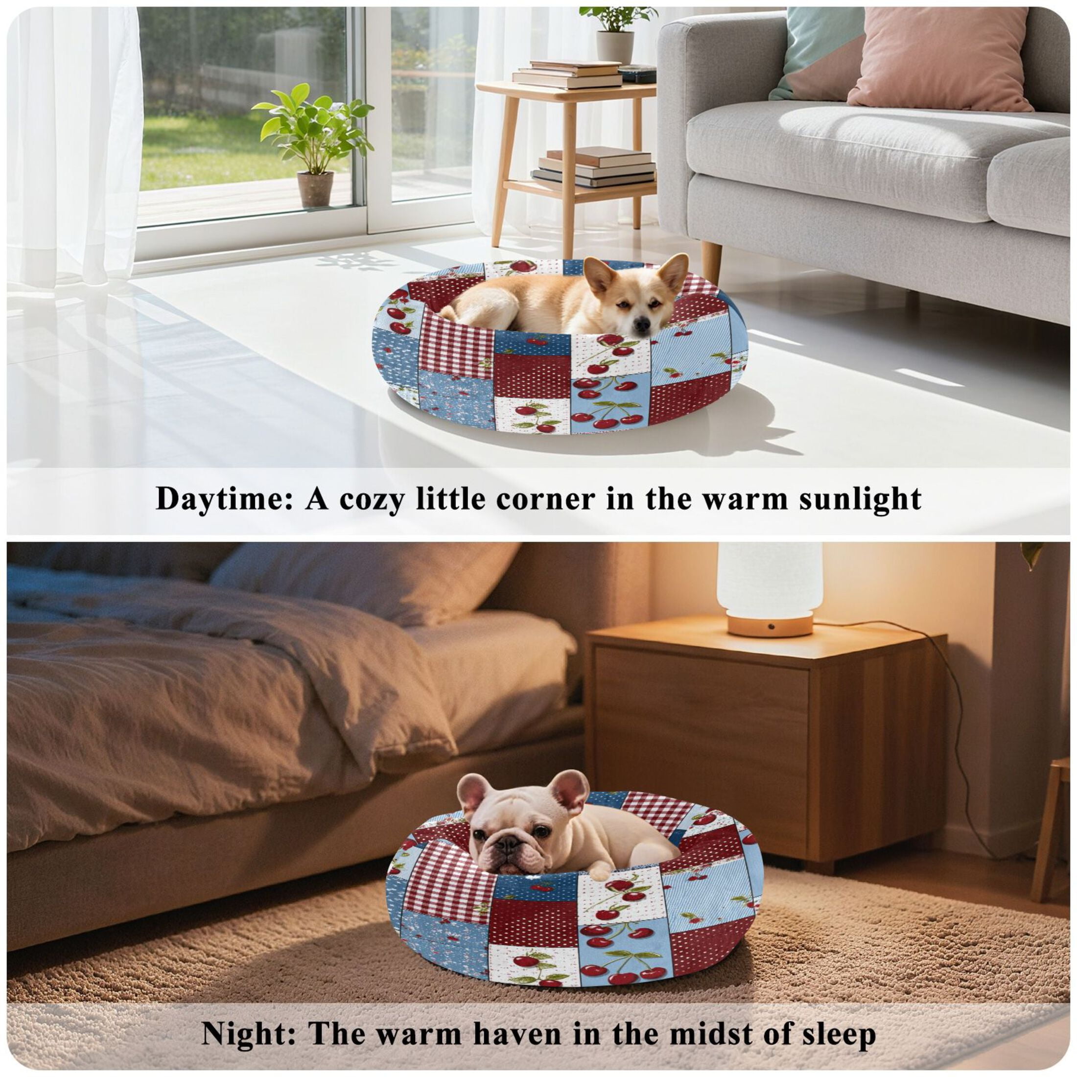 Iauyy Pet Couch Donut Cat Bed for Indoor Cats/Small Dogs Washable & Machine with Non-slip Bottom Calming Cat Furniture, Cherry Pattern (M)