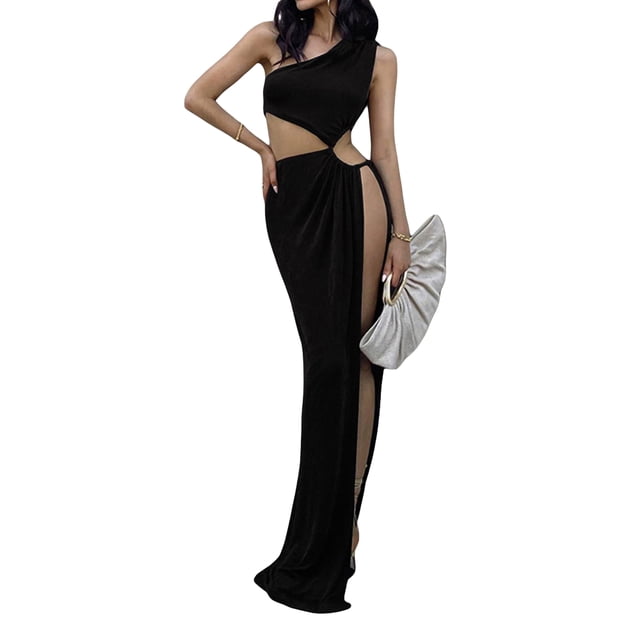 VISgogo Vestido Largo para Mujer, Hombro Oblicuo Hueco hacia Fuera Color Sólido Vestido de Una Pieza con División Alta VISgogo moda
