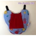 thumbnail image 2 of The Bottle Bib-  Ocean Blue with Red Pocket. Unisex Print. Keep Baby Bottles, Food Pouches and Training Cups, from Falling onto Dirty Surfaces!  Hands Free Feeding!, 2 of 5
