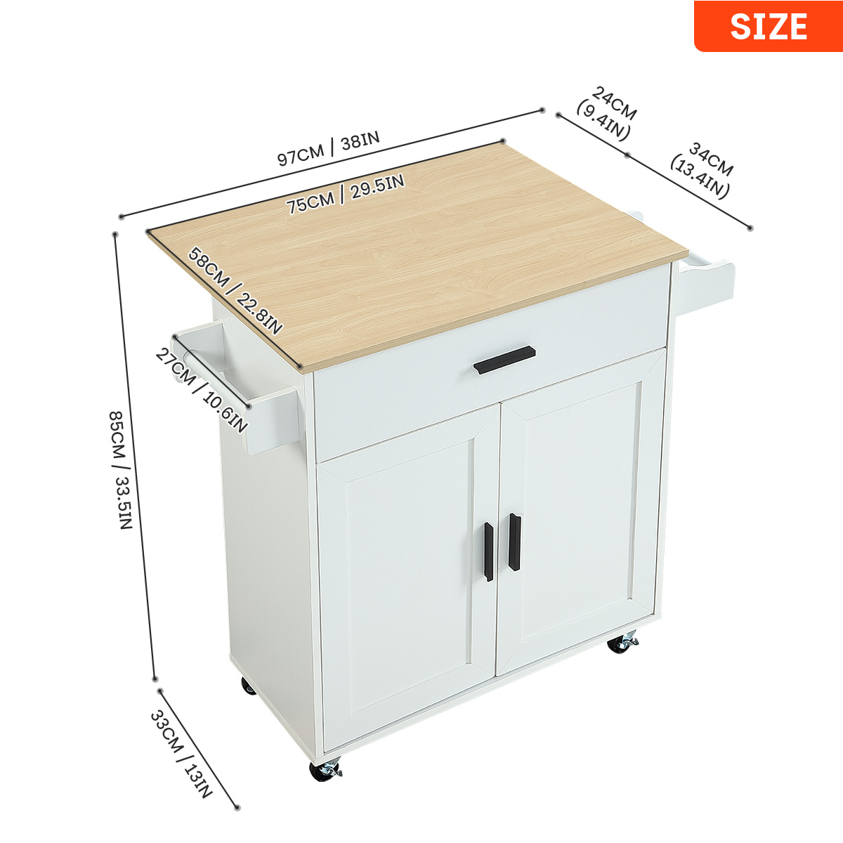 38-inch Rolling Kitchen Island Cart with Drop Leaf, Mobile Kitchen Center with Storage Cabinet, Drawer, Spice Rack and Towel Holder, White