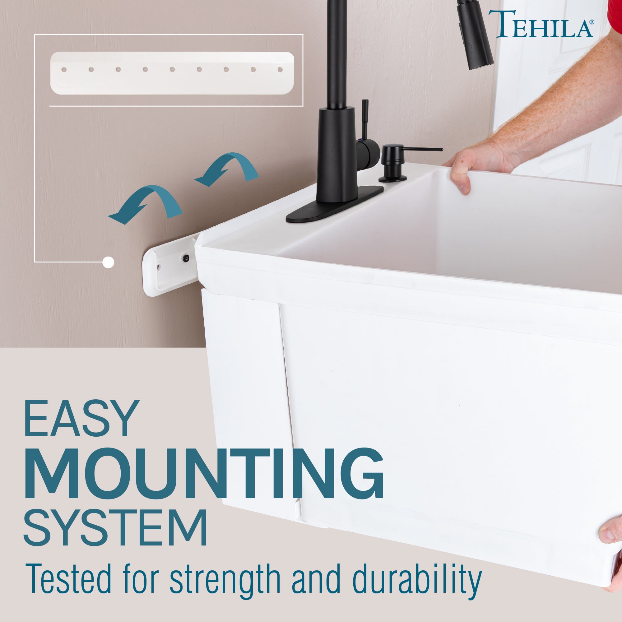 Tehila Floating Thermoplastic Utility Sink with Matte Black Pull-Down Faucet for Laundry Room