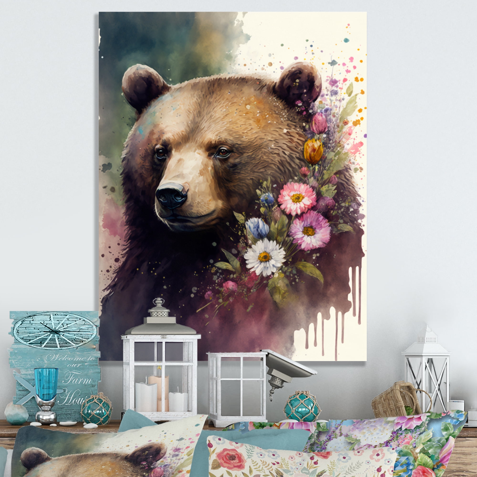 Designart Cute Bear Floral Art I Canvas Wall Art