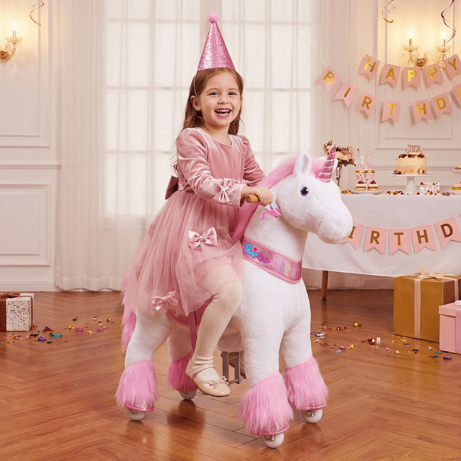 PonyCycle Ride-On Unicorn Toy with Sound and Hand Brake, Kid-Powered, Ages 3–4, Pink, U302