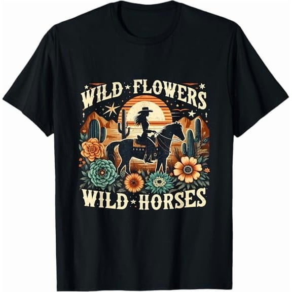 Retro Vintage Southern Sunset Cowgirl Riding Horse Wild Flowers Wild Horses T-Shirt Funny Women Girls Graphic Tees