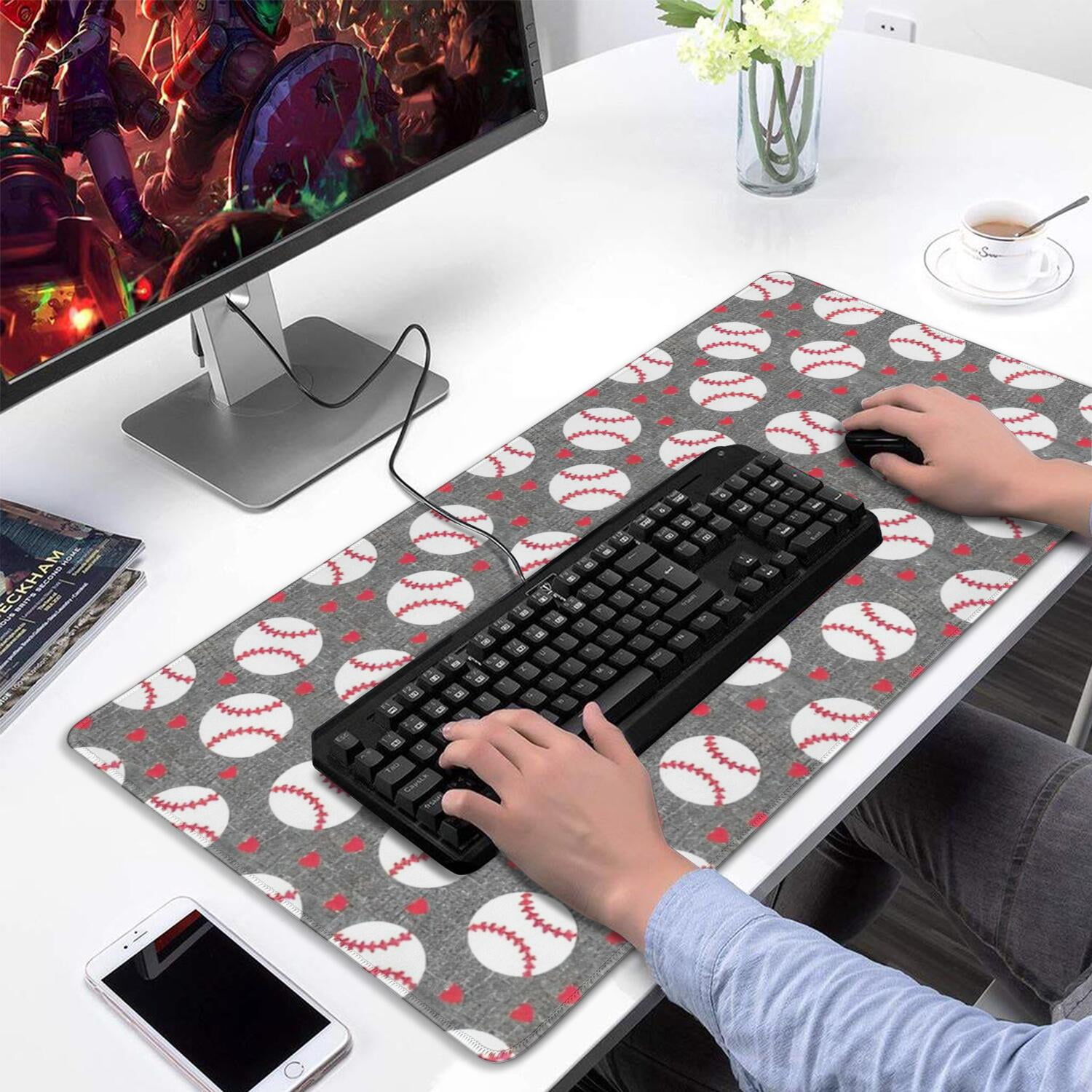 Long Mouse Pads for Desk,Baseballs and Love Desk Mats on Top Of Desks, Desk Mouse Pad Extra Large with 3mm Non-Slip Base and Stitched Edge for Gaming,Office,Work,Home 31.5"x15.7"