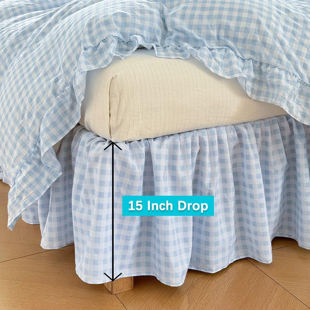 Blue Gingham Wrap Around Ruffled Bed Skirt with Lace Decor, Plaid Grid Adjustable Elastic Dust Ruffles for Queen Bed, 15 Inch Drop Farmhouse Cottage Pleated Bed Frame Cover(Blue Gingham, Queen)