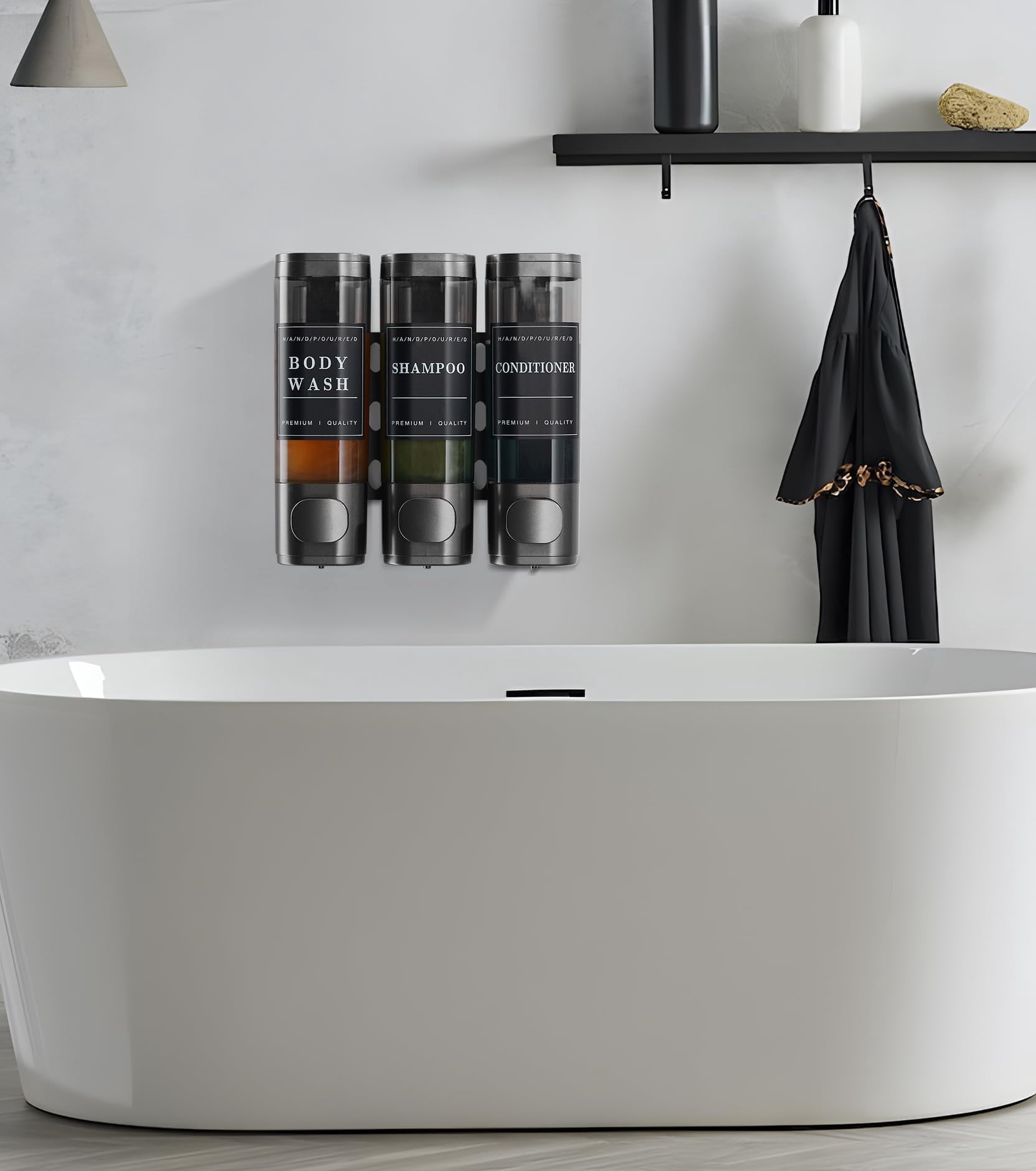 Shampoo and Conditioner Dispenser，Shower Soap Dispenser Wall Mounted No Drill Shampoo Dispenser，Shower Dispenser 3 Chamber 3 * 300ml No Drill Gungray with Labels