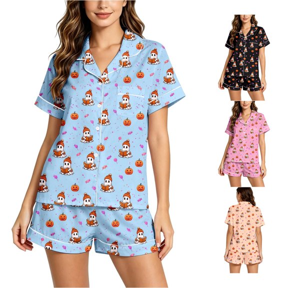 RMGVDSD Pajama Sets for Women 2 Piece Halloween Pumpkin Ghost Print Pajamas Short Sleeve Top and Shorts Sleepwear Nightwear Holiday Party Outfit