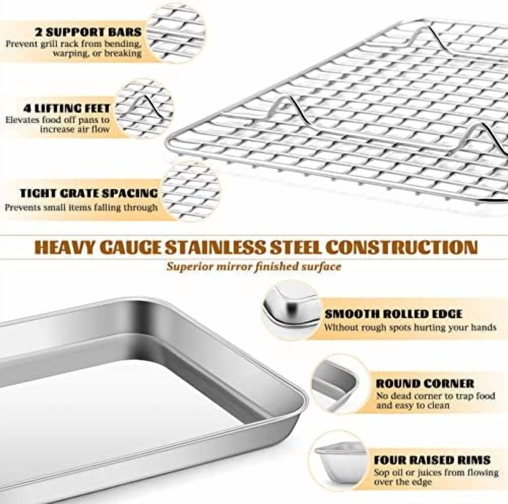 Stainless Steel Baking Sheet with Rack Set,  12.4”x9.7” Cookie Sheet Broiling Pan for Oven, Rimmed Metal Tray with Wire Rack for Cooking/Baking/Cooling/Bacon, Non-toxic & Dishwasher Safe