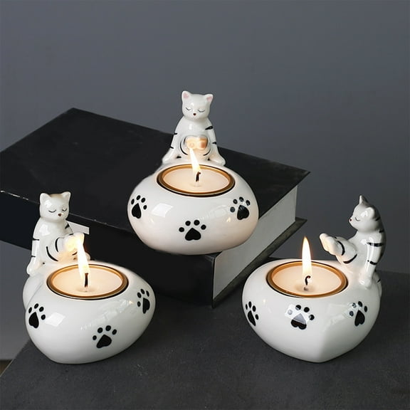 Cat Candle Holder Cute White Ceramic Kitten Candlestick Creatives Aromatherapy Candle Cup Handmade Tea Light Holders Home Decor Cat Lover Gift for Women