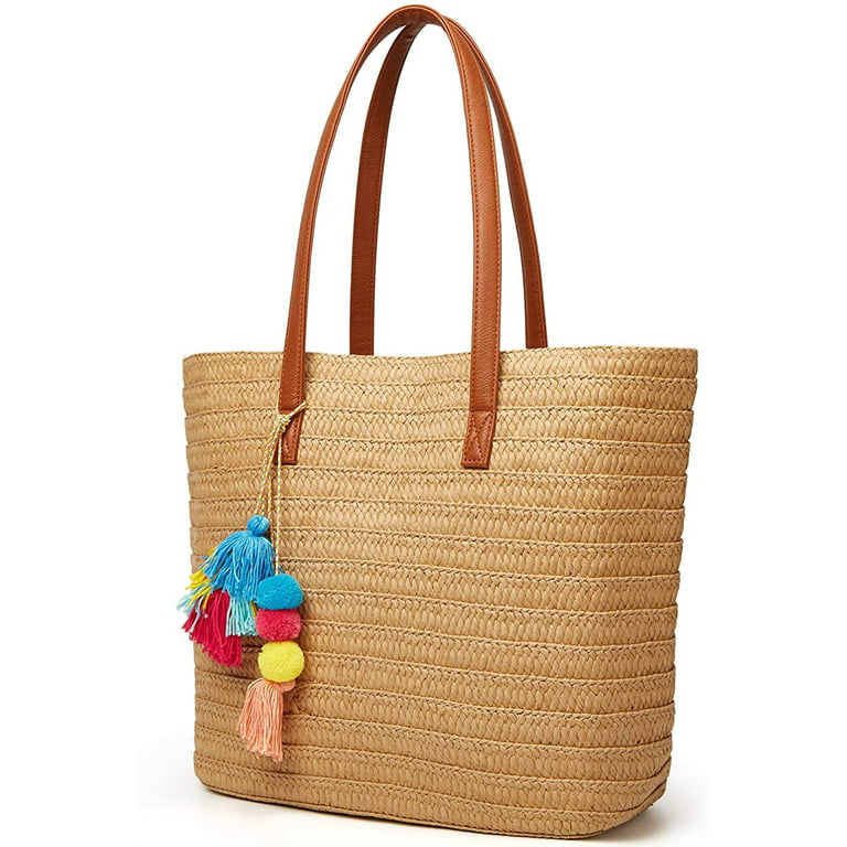 Straw Beach Shoulder Bag Summer Beach Tote with Colorful Pom Pom