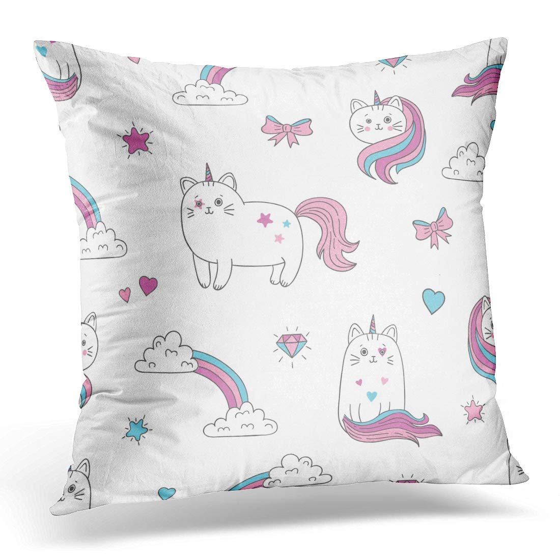 BSDHOME Colorful Heart Cute Cats Unicorns Design Pink Rainbow Pillow
