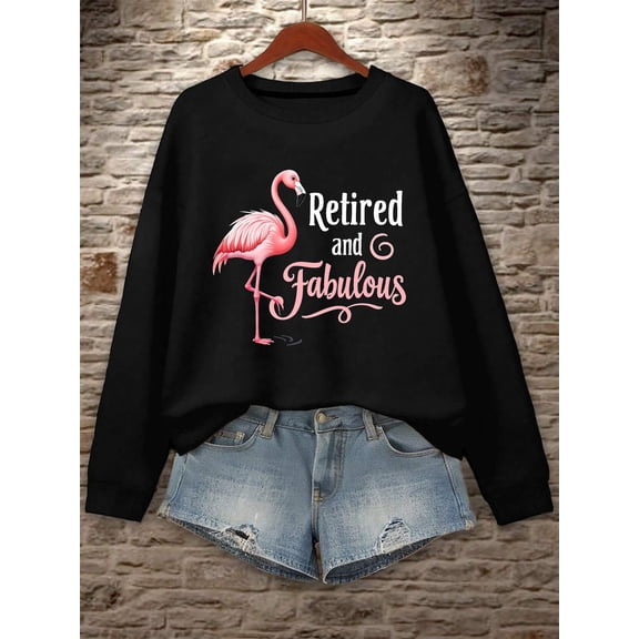 Women's  Graphic Flamingo Print Sweatshirt -  Casual Long Sleeve Round Neck Pullover, Machine Washable Autumn Winter Clothing, Everyday Comfort Apparel | Playful Graphic Sweatshirt