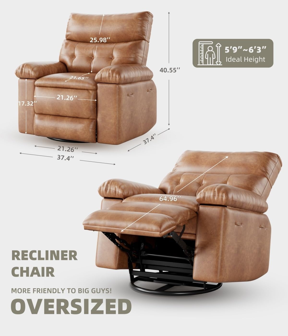 Oversized Recliner Chairs with Massage and Heat - 360° Swivel Lazy Rocking Chair for Adults with Remote Control for Living Rooms, Bedrooms and Nurseries - Coffee